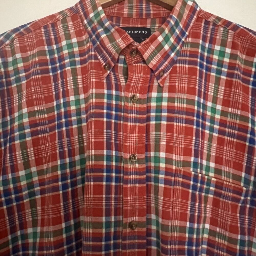LANDS’ END Mens Shirt XL Tall 46 48 Madras Plaid Short Sleeve Button Up Cotton